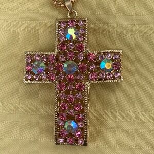 Betsey Johnson gold pink bling large rhinestone cross pendant necklace women nwt